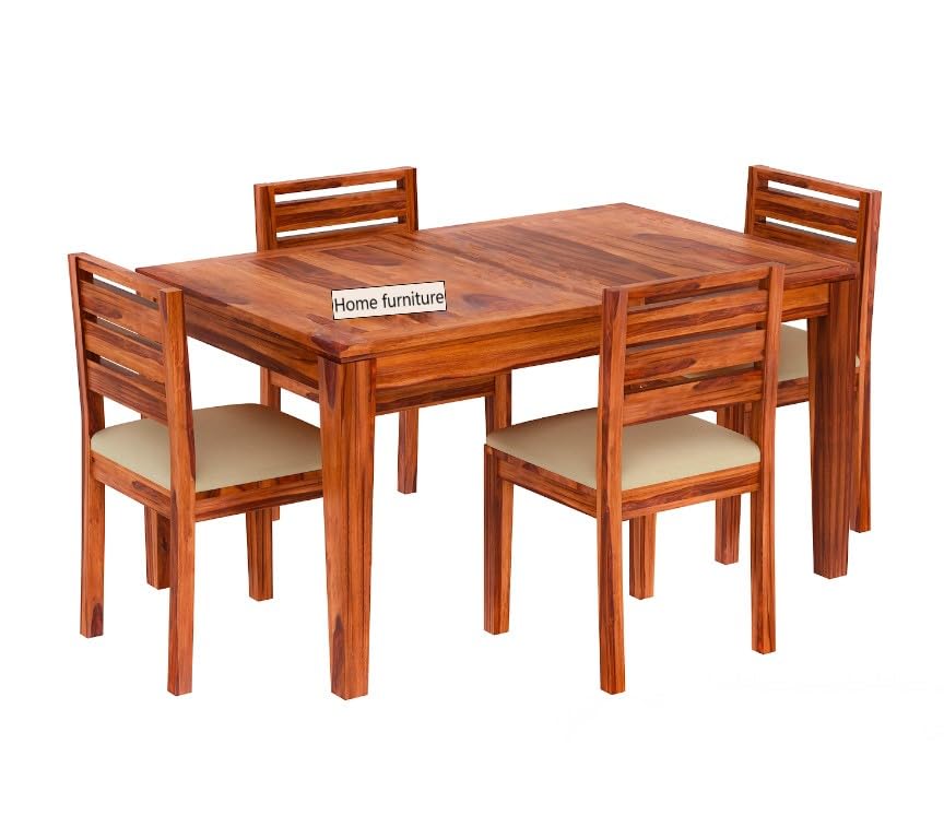 4 Seater Wooden Dining Table with Cushioned Chairs | Natural Wood Finish