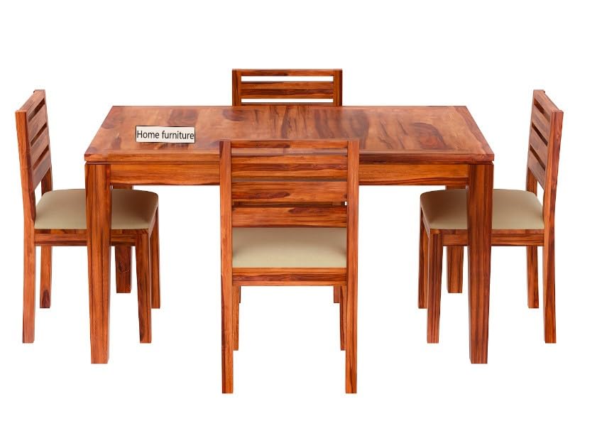 4 Seater Wooden Dining Table with Cushioned Chairs | Natural Wood Finish