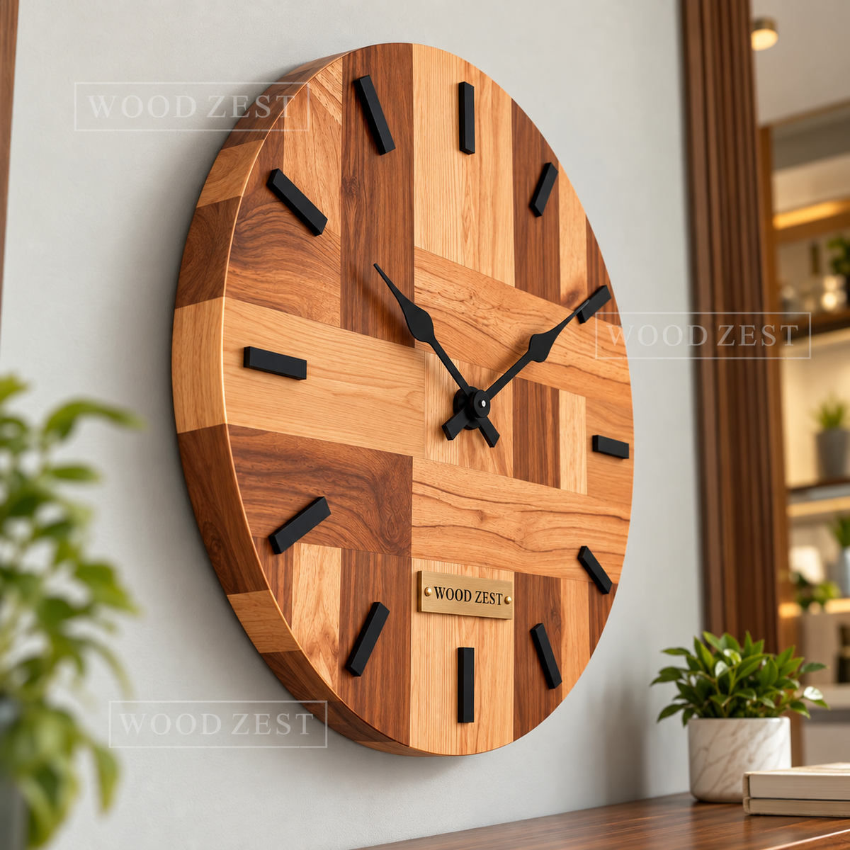 Round Wooden Wall Clock with Geometric Wood Design & Black Markers