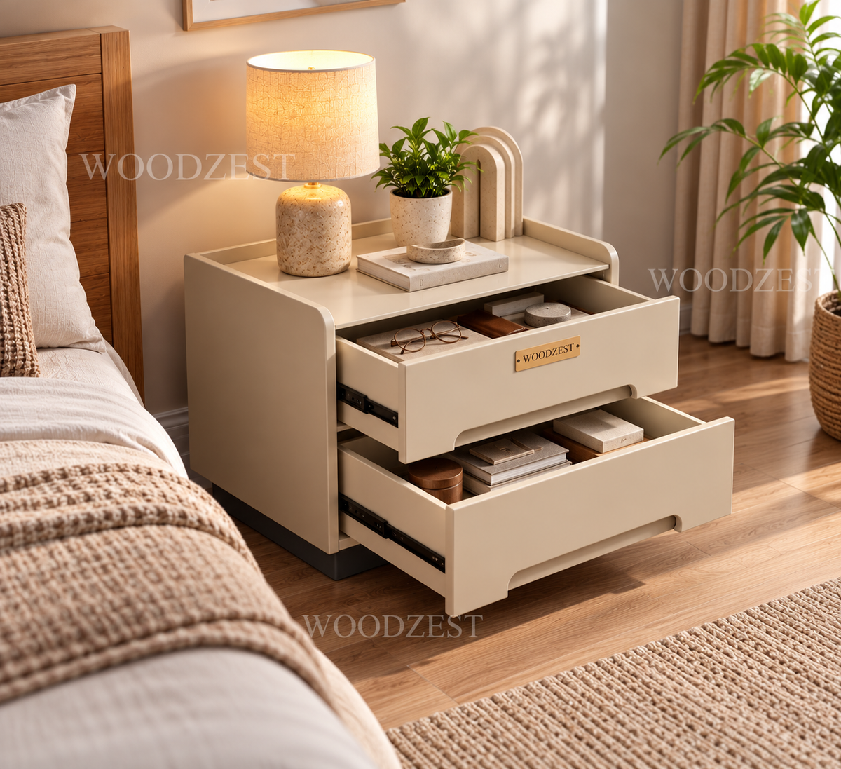 Modern Beige 2 Drawer Bedside Table with Recessed Handle