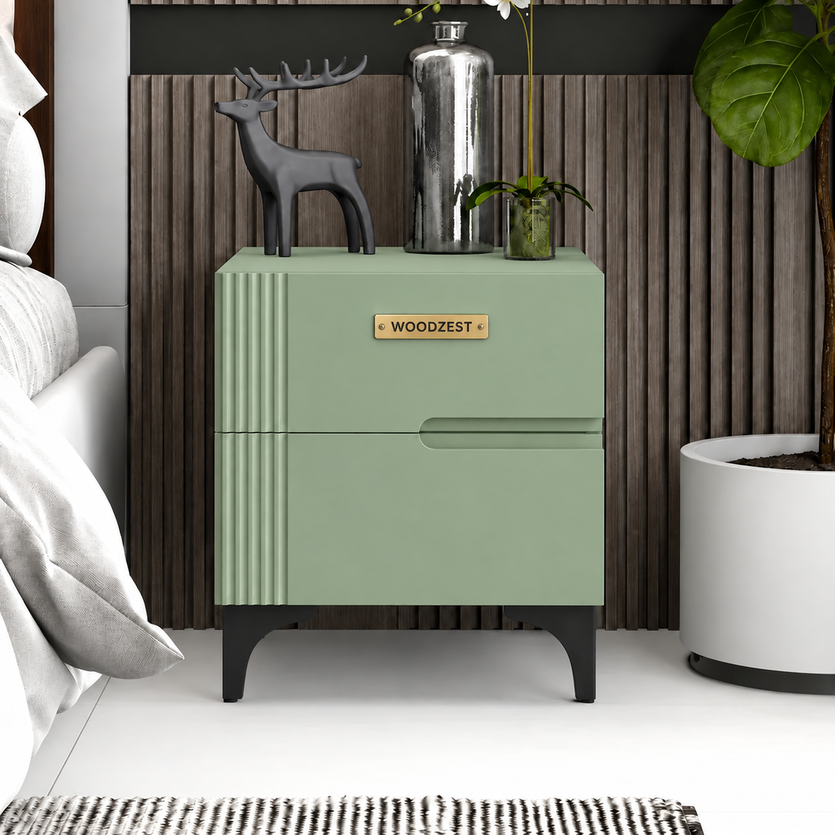 Modern Sage Green Bedside Table with 2 Drawers & Fluted Design