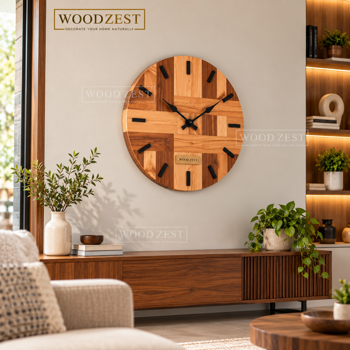 Round Wooden Wall Clock with Geometric Wood Design & Black Markers