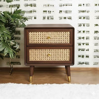 Woodzest Cane Bedside Table with 2 Drawers – Walnut Finish