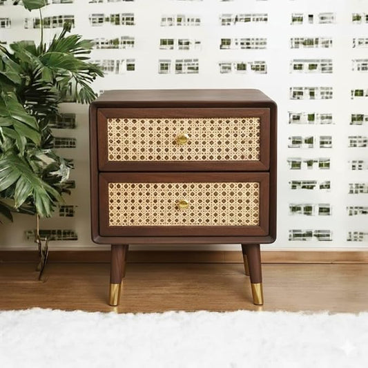 Woodzest Cane Bedside Table with 2 Drawers – Walnut Finish