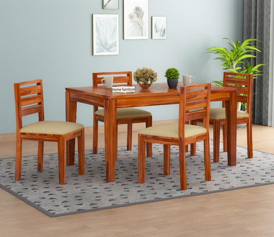 4 Seater Wooden Dining Table with Cushioned Chairs | Natural Wood Finish