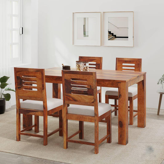 Honey Finish 4 Seater Wooden Dining Table with Cushioned Chairs