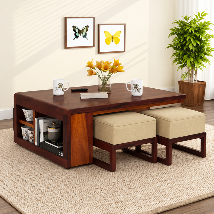 Brown Wooden Coffee Table with 2 Stools & Storage Shelves