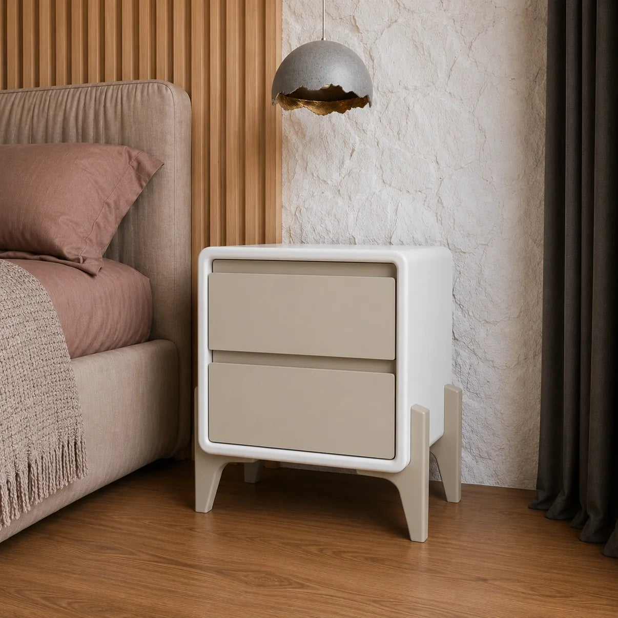 Modern White Bedside Table with Grey Drawers & Curved Legs