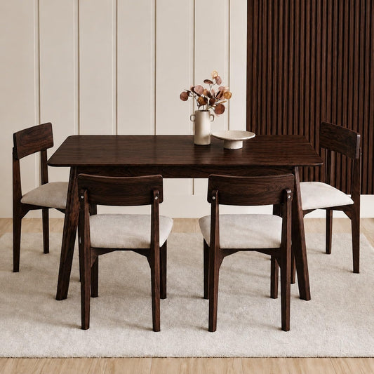 4 Seater Dark Brown Dining Table Set with Cream Cushioned Chairs