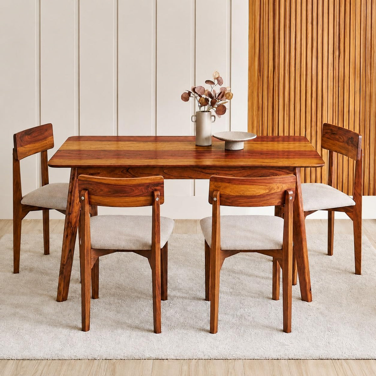 4 Seater Brown Dining Table Set with Cream Upholstered Chairs