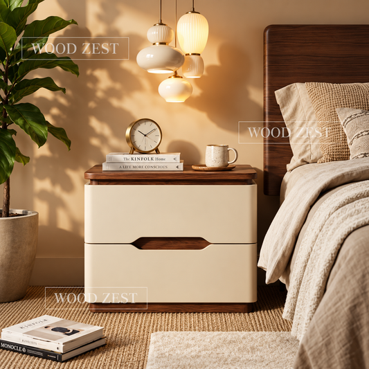 A modern two-drawer nightstand with cream-colored fronts and dark wood accents, styled in a warm, cozy bedroom setting next to a bed with beige bedding and under hanging pendant lights.