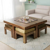 Solid Sheesham Wood Coffee Table with 4 Cushioned Stools for Living Room