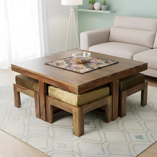 Solid Sheesham Wood Coffee Table with 4 Cushioned Stools for Living Room