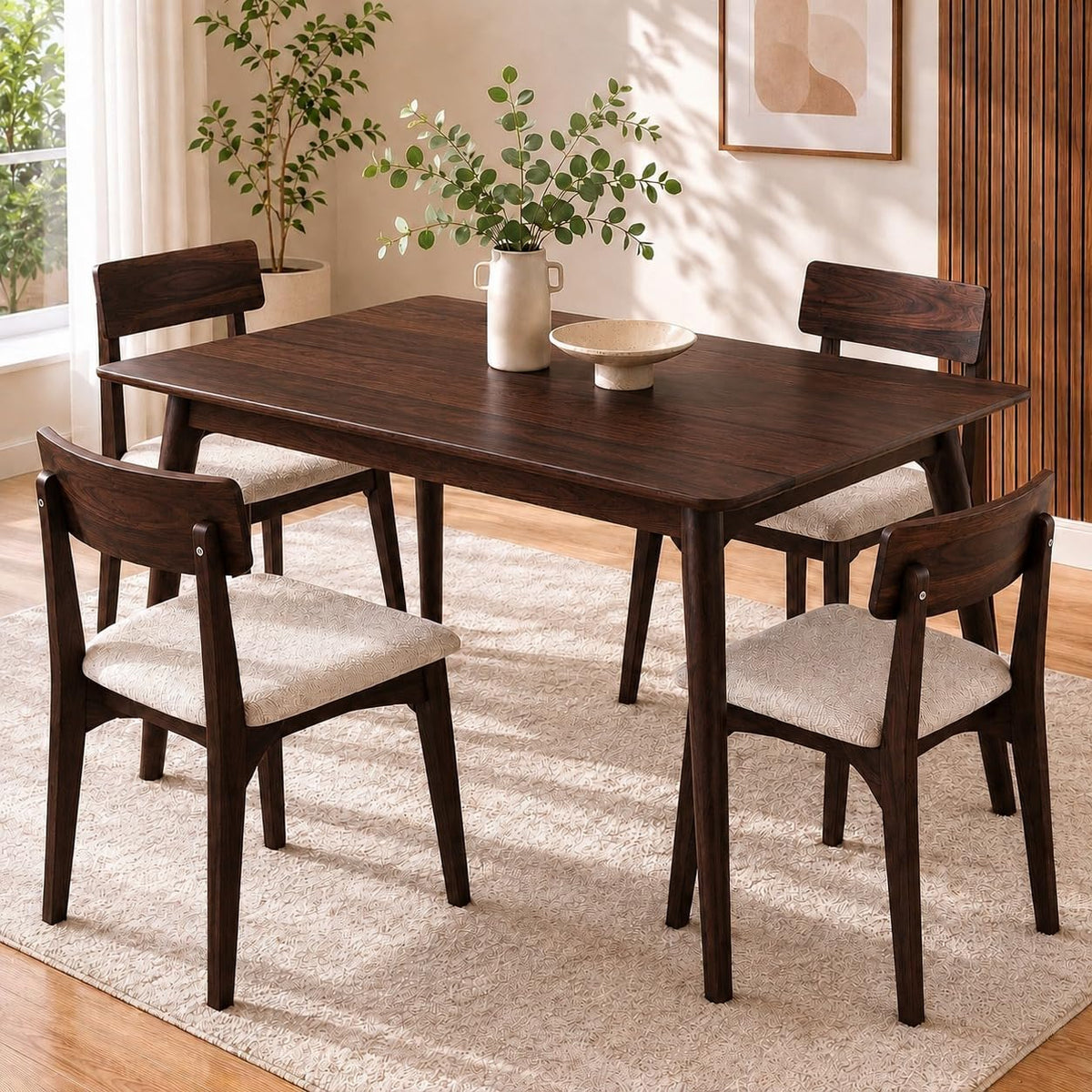 4 Seater Dark Brown Dining Table Set with Cream Cushioned Chairs