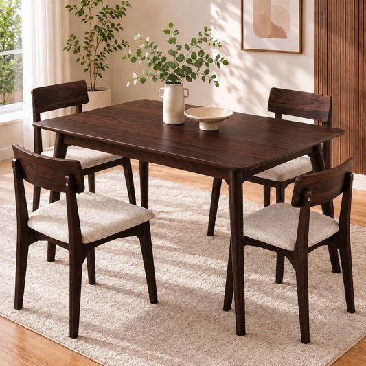 4 Seater Dark Brown Dining Table Set with Cream Cushioned Chairs