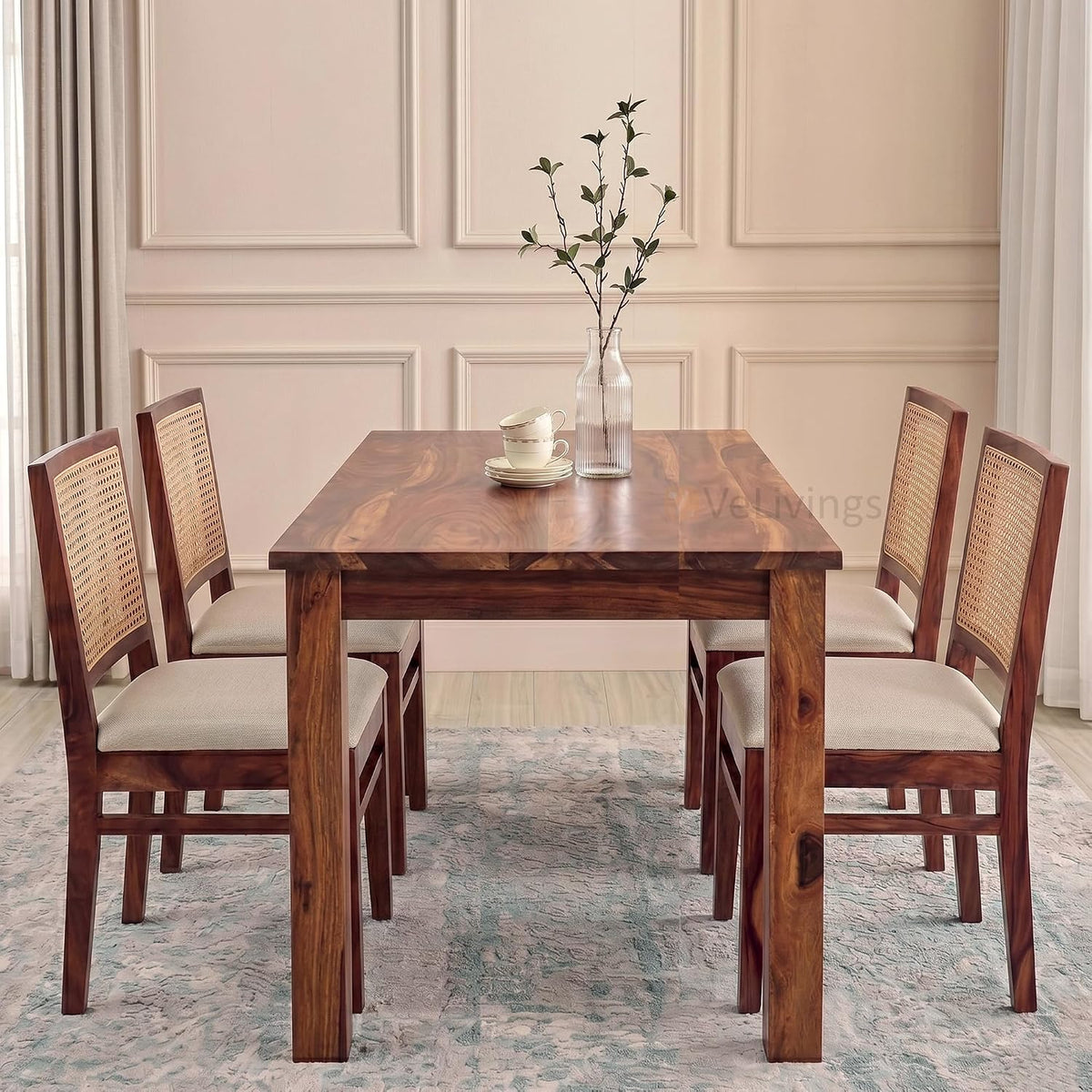 4 Seater Brown Dining Table Set with Cane Back Chairs