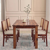4 Seater Brown Dining Table Set with Cane Back Chairs