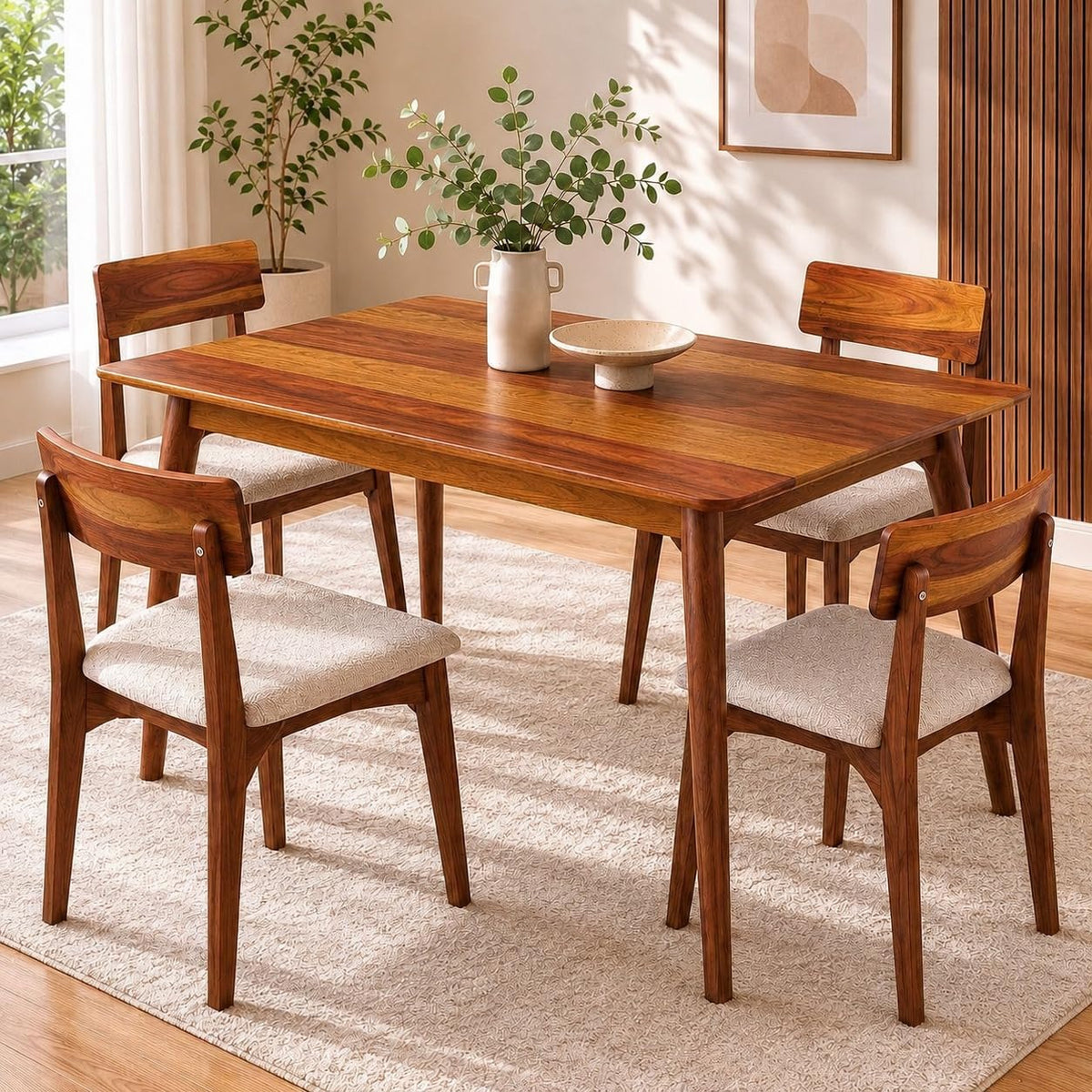 4 Seater Brown Dining Table Set with Cream Upholstered Chairs