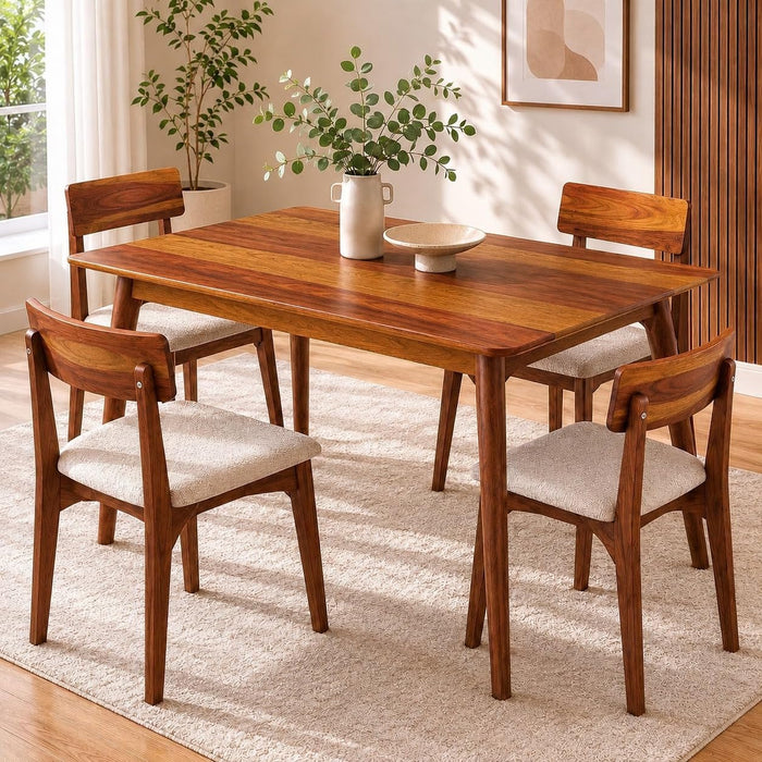 4 Seater Brown Dining Table Set with Cream Upholstered Chairs