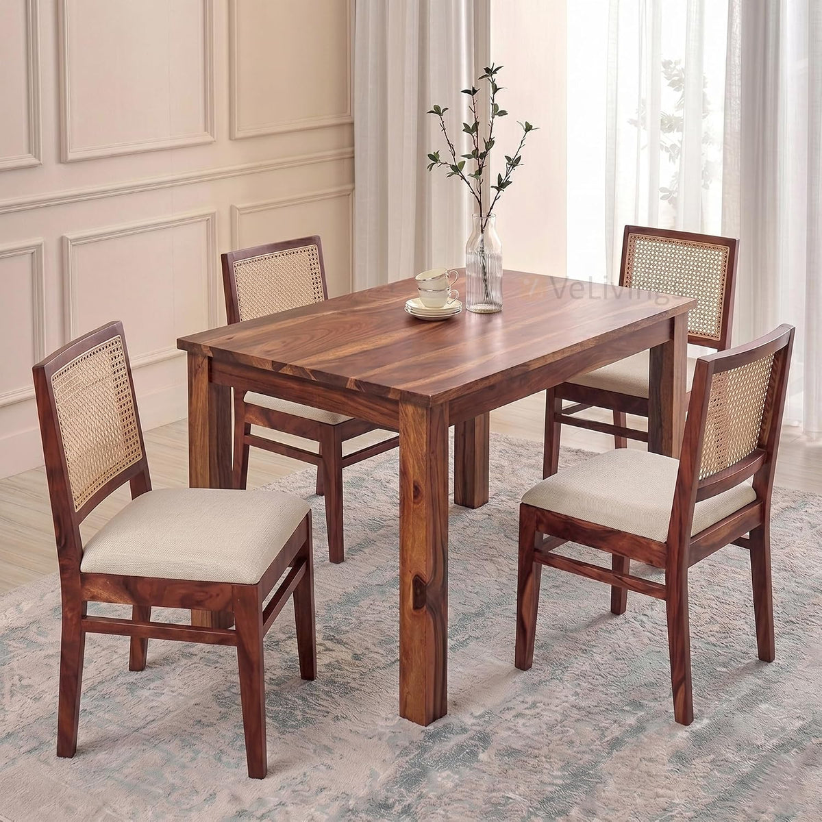 4 Seater Brown Dining Table Set with Cane Back Chairs