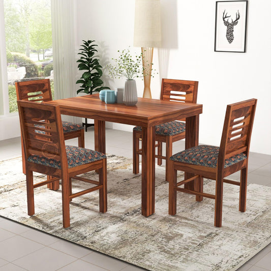 4 Seater Brown Dining Table Set with Patterned Cushioned Chairs
