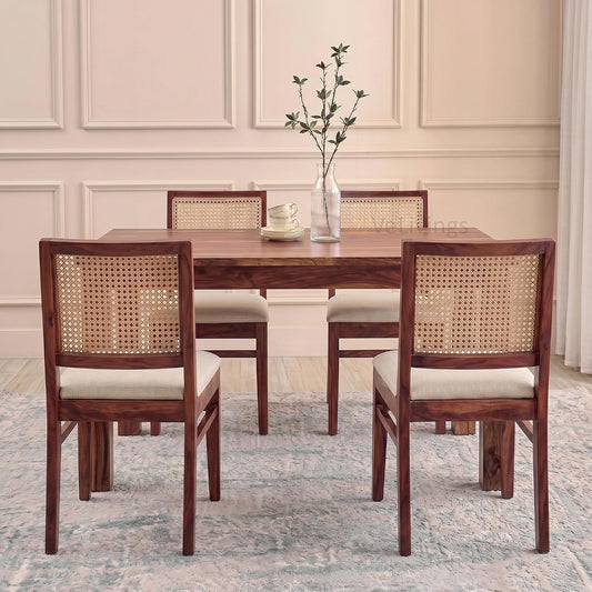 4 Seater Brown Dining Table Set with Cane Back Chairs