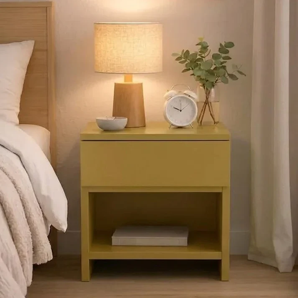 Modern Yellow Bedside Table with Drawer & Open Shelf