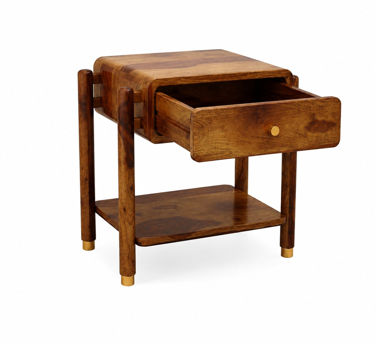 Modern Walnut Wooden Bedside Table – 1 Drawer Nightstand with Open Storage Shelf