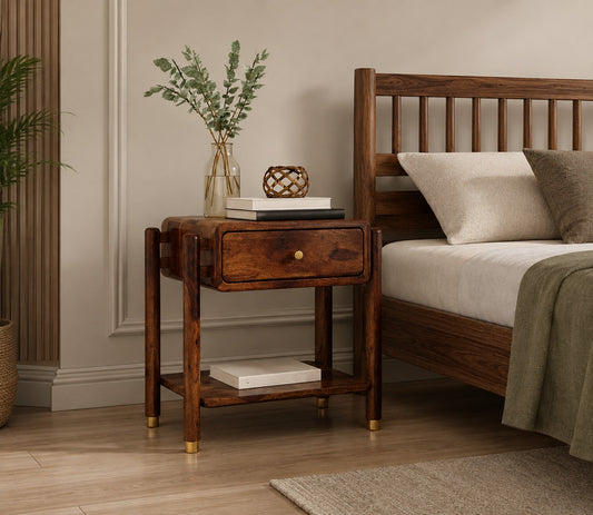 Modern Walnut Wooden Bedside Table – 1 Drawer Nightstand with Open Storage Shelf