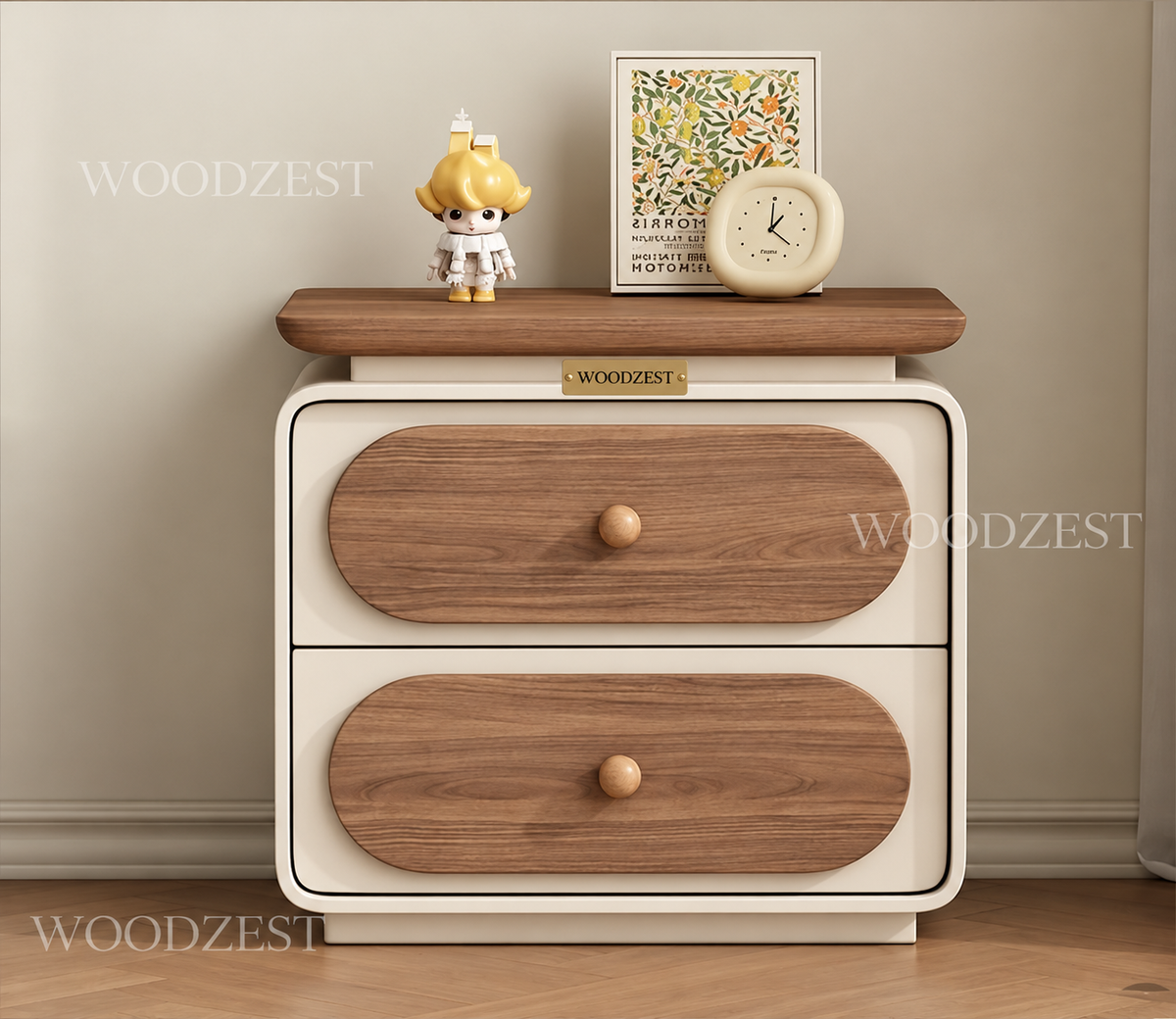 Modern Cream & Walnut 2 Drawer Bedside Table