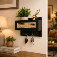 Black Cane Wall Key Holder with Storage Shelf