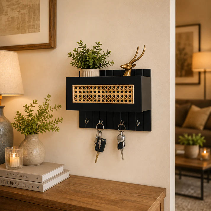 Black Cane Wall Key Holder with Storage Shelf