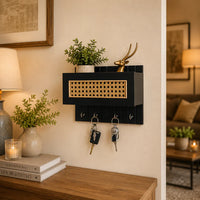 Black Cane Wall Key Holder with Storage Shelf