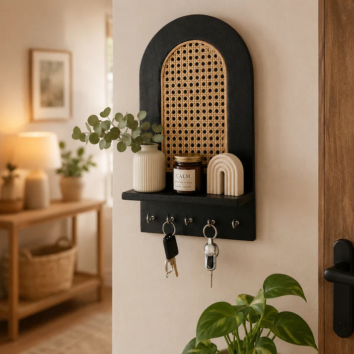 Boho Cane Wooden Wall Key Holder with Shelf