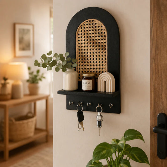 Boho Cane Wooden Wall Key Holder with Shelf
