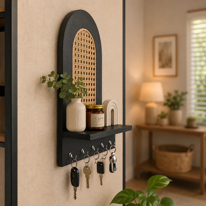 Boho Cane Wooden Wall Key Holder with Shelf