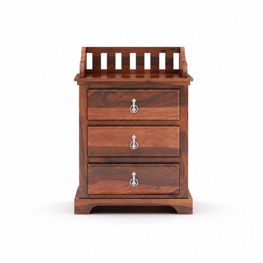 Woodzest 3-Drawer Wooden Bedside Table – Sheesham Finish