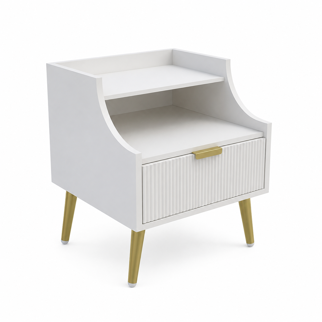 Woodzest Modern White Bedside Table with Drawer & Open Shelf