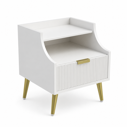 Woodzest Modern White Bedside Table with Drawer & Open Shelf