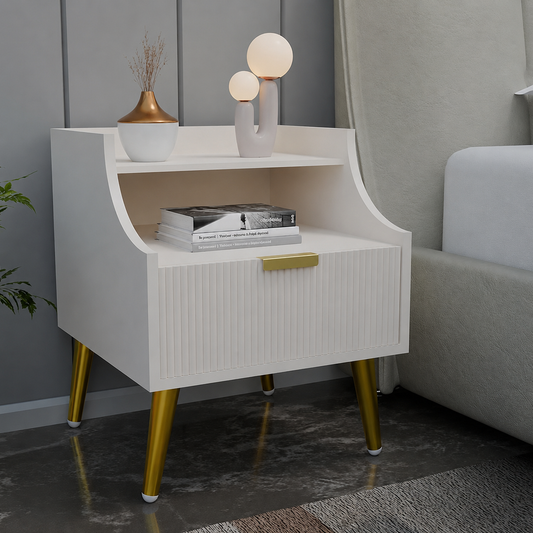 Woodzest Modern White Bedside Table with Drawer & Open Shelf
