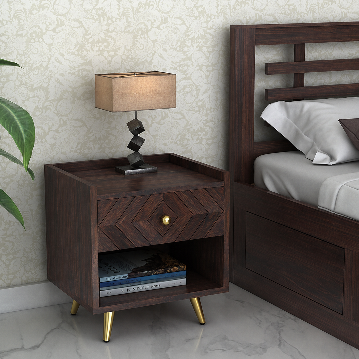 Woodzest Modern Wooden Bedside Table with Drawer & Open Shelf | Walnut Finish Nightstand