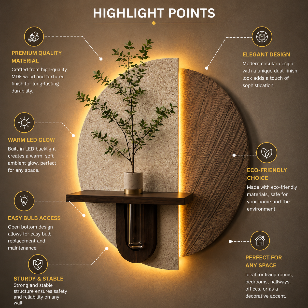 Modern LED Wall Shelf with Vase Holder | Decorative Wooden Wall Decor Shelf