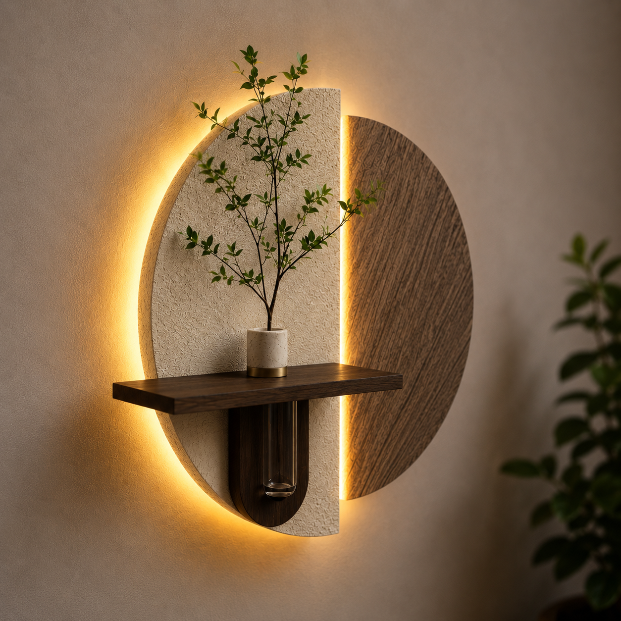 Modern LED Wall Shelf with Vase Holder | Decorative Wooden Wall Decor Shelf
