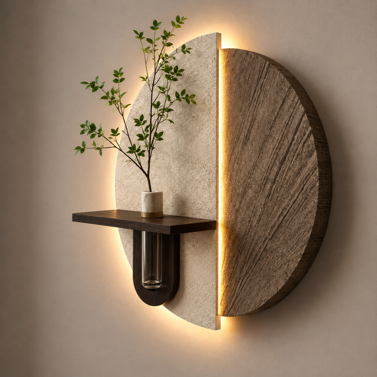 Modern LED Wall Shelf with Vase Holder | Decorative Wooden Wall Decor Shelf