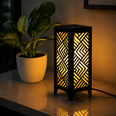 Chevron Wooden Table Lamp | Decorative Warm LED Night Light for Living Room & Bedroom