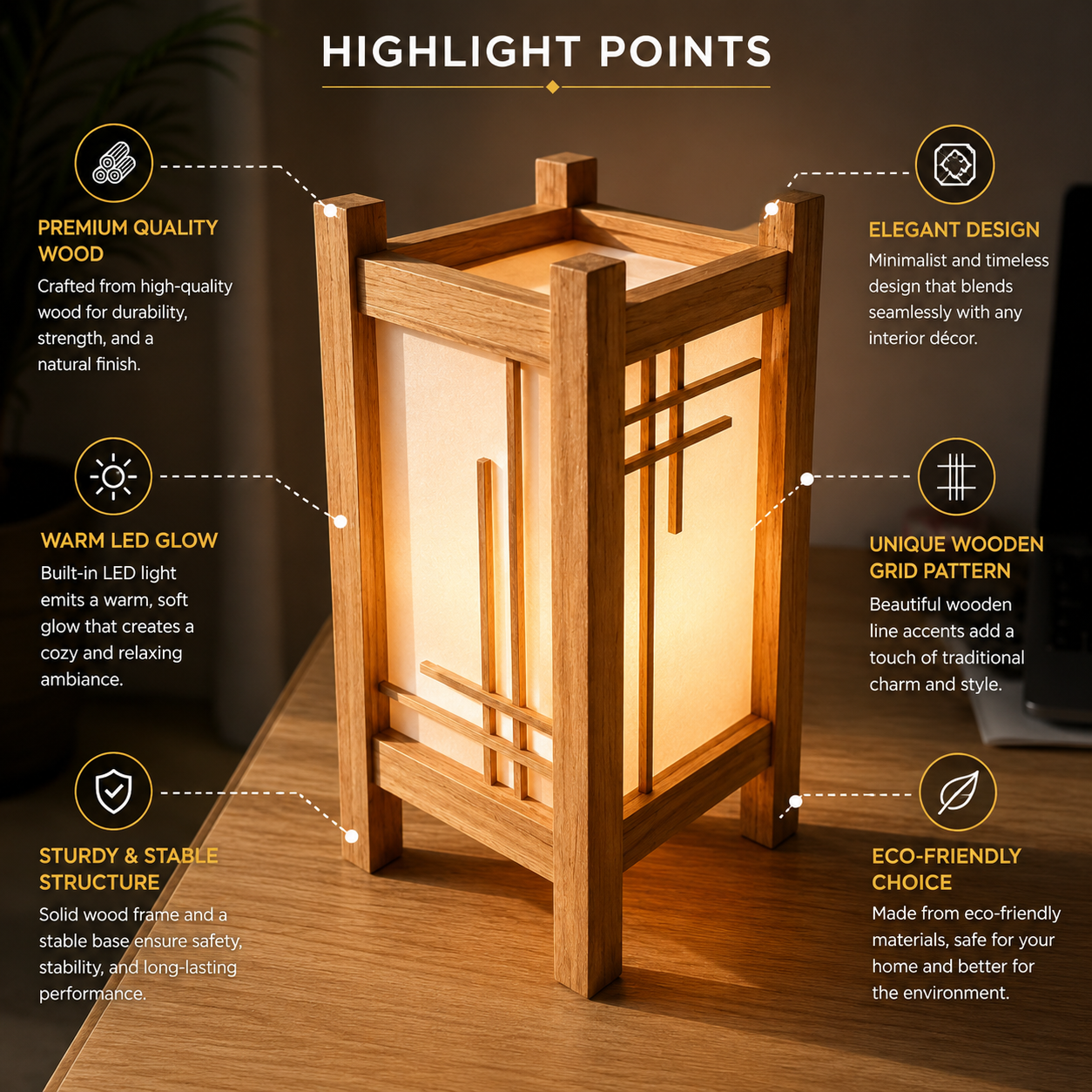 Japanese Style Wooden Table Lamp | Warm LED Bedside Lamp for Home Decor