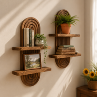 Modern Wooden Wall Shelf with Plant Holder | Decorative Floating Display Shelf