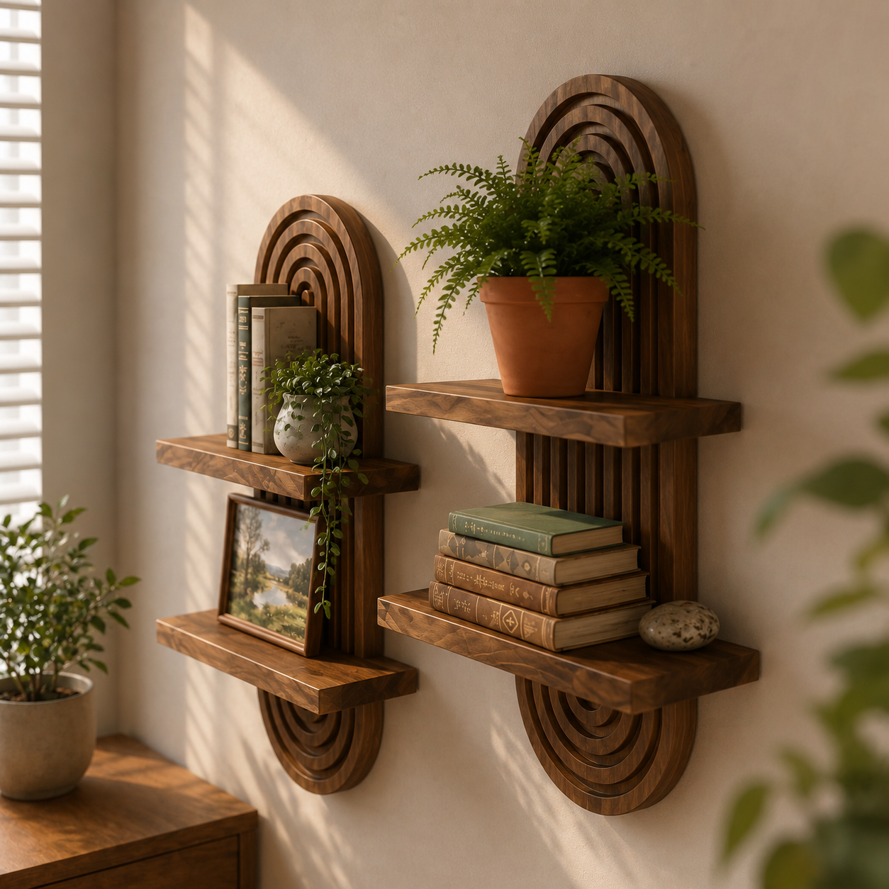 Modern Wooden Wall Shelf with Plant Holder | Decorative Floating Display Shelf