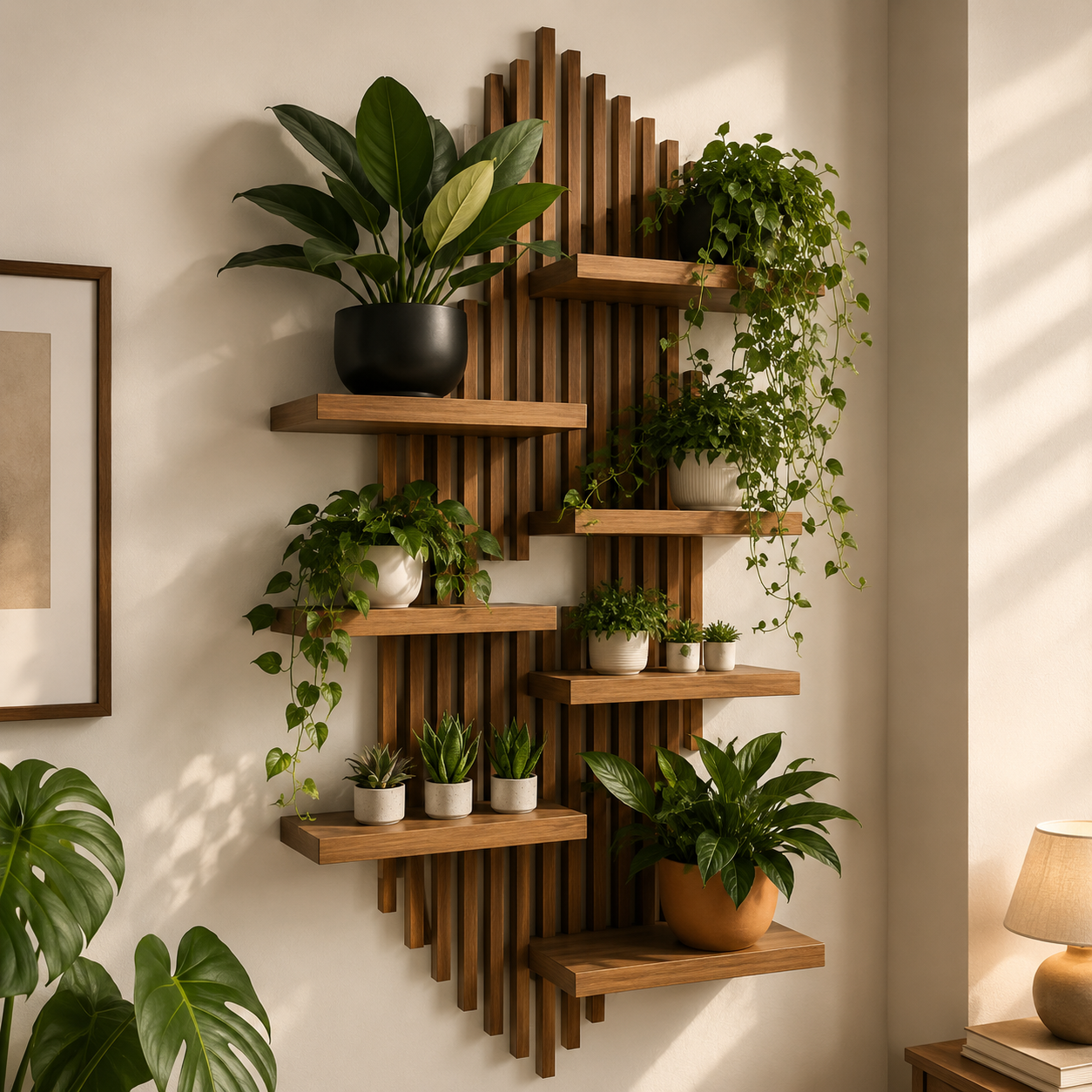 LED Wooden Wall Plant Shelf | Modern Floating Display Shelf with Ambient Backlight