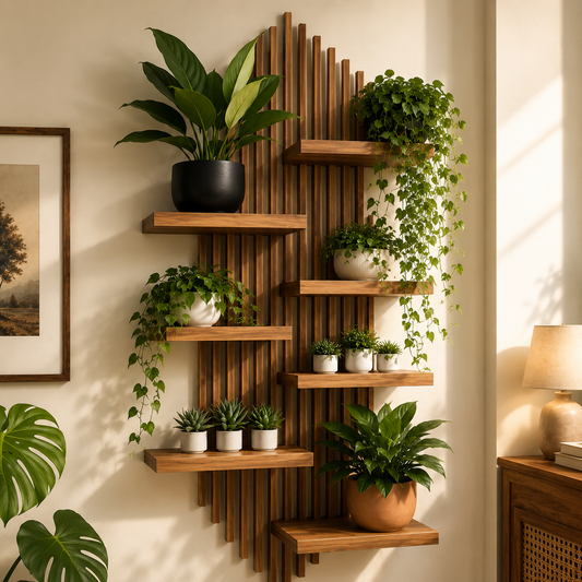 LED Wooden Wall Plant Shelf | Modern Floating Display Shelf with Ambient Backlight
